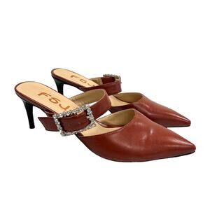 F5J Brown Embellished Buckle Heeled Mules Womens 8.5